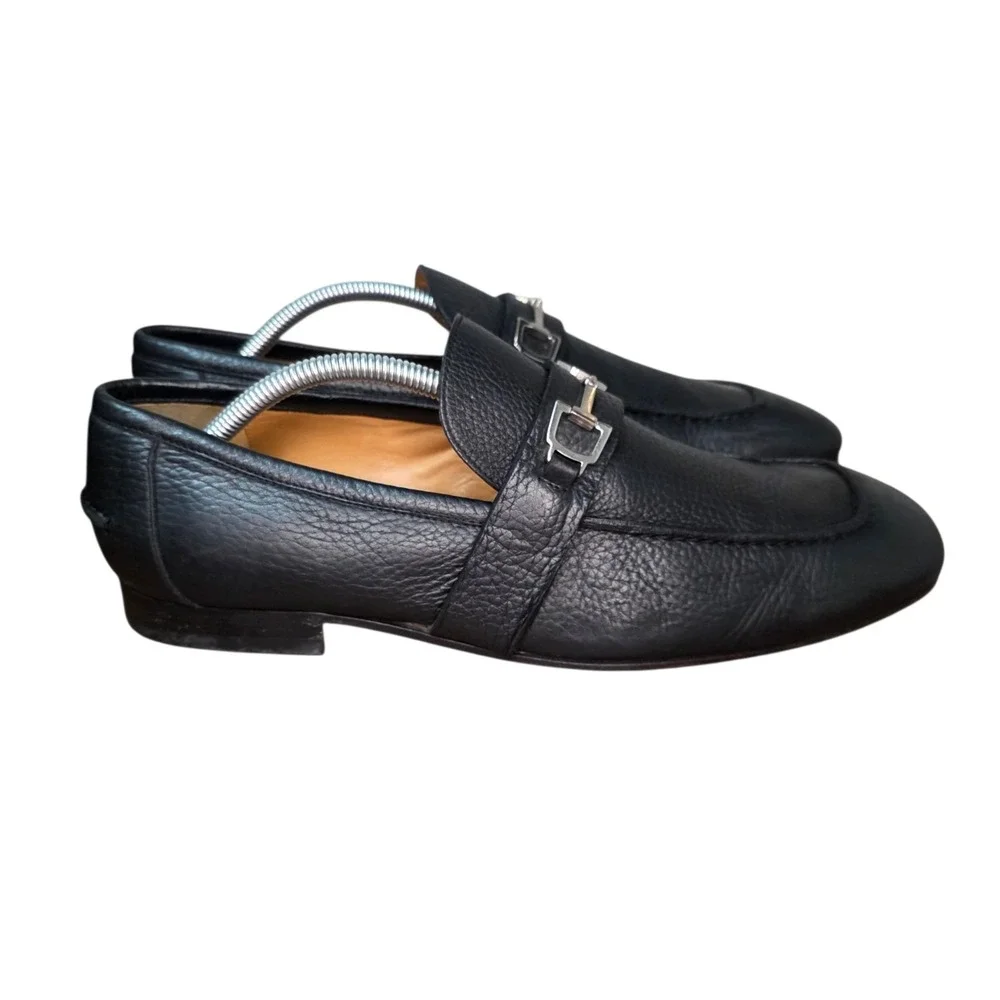 Gucci Mens 8.5 Black Pebble Leather Horsebit Square Toe Slip On Loafer Shoes